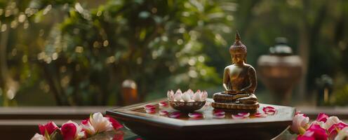 Buddha in meditation with essential oils and white lotus. A banner template representing mindfulness and spiritual wellness, ideal for wellness content with space for your message. photo