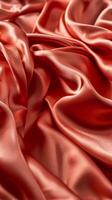 Vertical texture of draped fabric of red color. Beautiful emerald soft silk textile. Design for texture, background, and wallpaper. photo