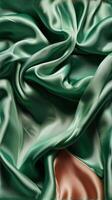 Vertical of draped fabric of green color. Beautiful emerald peach fuzz soft silk textile. Design for texture, background, and wallpaper. photo