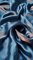 Vertical texture of draped fabric of blue color. Beautiful emerald peach fuzz soft silk textile. Design for texture, background, and wallpaper. photo