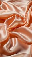 Vertical texture of draped fabric of peach color. Beautiful emerald peach fuzz soft silk textile. Design for texture, background, and wallpaper. photo
