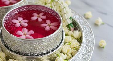 White jasmine floating in silver bowl for rituals and religious offerings in honor of Hindu holidays and festivals. Banner template for congratulations and advertising with space for text. photo