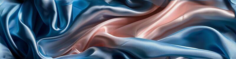 The banner texture of draped fabric of blue and peach color. Beautiful emerald soft silk textile. Design for texture, background, wallpaper. photo