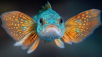Vibrant turquoise and orange fish with spotted fins, close-up view photo