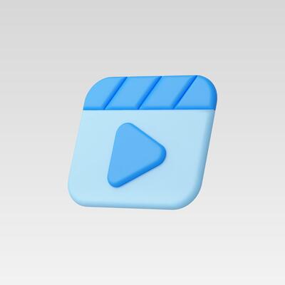 A modern blue play button icon set against a light background.