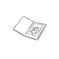 An open book with a photo on inside page. Illustration in a sketchy style. vector