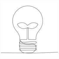 One continuous line drawing of clean lightbulb with green leaf organic plant inside icon logo isolated vector