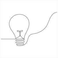 One continuous line drawing of clean lightbulb with green leaf organic plant inside icon logo vector