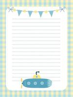 Notebook page template with garland with flags and submarine vector