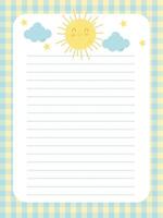 Diary page template with cute smiling sun, clouds and stars vector