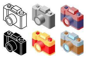 Isometric photo camera illustrations set with colorful, black and white and outline versions. vector