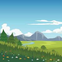 Landscape of green grass with flower on front background. River cutting through green grasslands. Background of mountain under blue sky and white clouds. vector