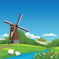 Road Trip Poster square shape of Windmill House. Stream flowing through the hills. Front of grass and flower. Empty space background of mountain and blue sky with white clouds. vector