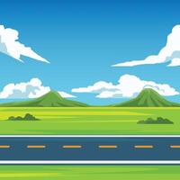 Square poster of asphalt road to travel. Horizontal view of asphalt road ahead with yellow center line. Meadow and green grass with mountain under blue sky and white clouds for background. vector