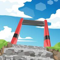 Square poster stone steps leading up to a red and gray archway under a bright blue sky with stylized white clouds. Scene suggests an entrance or a gateway. possibly in a park or scenic area. vector