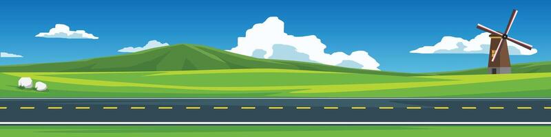 Banner background of horizontal or landscape view of asphalt road. windmill house stands tall on a hillside in a wide. Background of mountain with white clouds and bright sky. vector