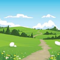 Road Trip Poster square shape. Winding dirt road. Through bright green landscape with hills trees. With flower field in front. Empty space background of blue sky with white clouds. vector