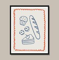 Breakfast doodles poster. illustration of croissant and bakery, crayon drawing style vector