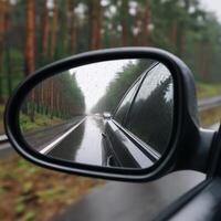 A close-up of a car's side mirror reflecting a rainy forest road with blurred trees and vehicles in the background, capturing a moody and serene atmosphere on a wet day. photo