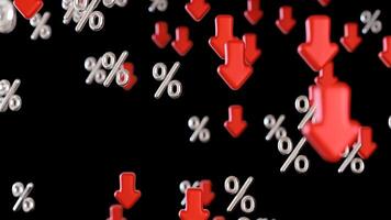 Red arrows and percentage signs fall in a dynamic 3D animation, effectively demonstrating price reductions and discount offers, capturing attention with vivid visuals video