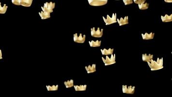 Glistening golden crowns descend smoothly against a deep black background, creating an alluring visual spectacle. This intricate 3D animation showcases a unique perspective on royalty and elegance video