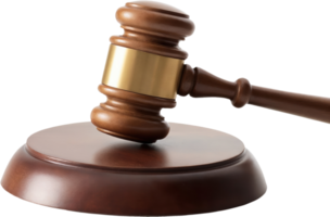 Wooden judge's gavel with brass band on sound block, transparent background png
