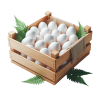 Fresh White Farm Eggs in Wooden Crate with Green Leaves png