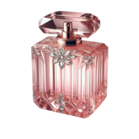 Tall Rectangular Pink Perfume Bottle with Flower Detail png