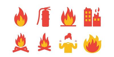Fire Icons and Flame Symbols in Flat Style Emergency Safety Graphics in Red and Orange vector