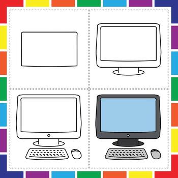 Computer screen coloring page with four different types of computers vector