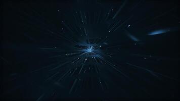 Dark stylish futuristic space background - flying at hyperspace warp speed through glowing star light beams, waves and particles. Galaxy starburst explosion animation. video