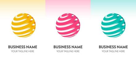 Set of 3 colorful striped spherical logos with 3D globe effect. Ideal for branding, business identity, or tech startup visuals. vector