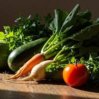 A table with a bunch of vegetables on it photo