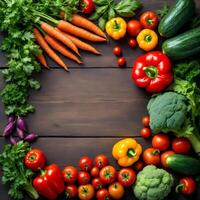 Fresh vegetables and fruits arranged in a square frame on a wooden table photo