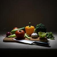 A knife and a bunch of vegetables on a cutting board photo