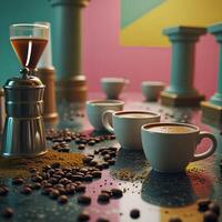 A table with coffee beans and a coffee grinder photo