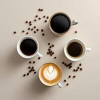 Coffee cups with coffee beans and a latte art photo