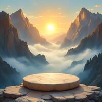 An empty stone bench in the mountains with the sun rising photo