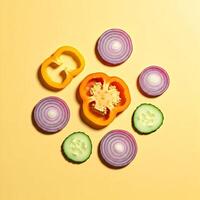 A colorful arrangement of sliced vegetables on a yellow background photo