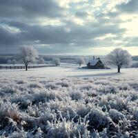 A farm in the middle of a snowy field photo