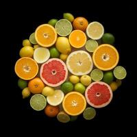 Citrus fruits arranged in a circle on a black background photo