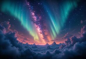 Vibrant fantasy sky with stars, galaxy and aurora glow. photo