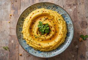Pate of hummus, bright, on wooden background. photo