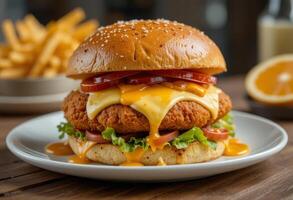 Fried chicken burger, with melted cheese and mayo sauce. photo