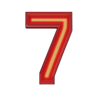 A vibrant red and yellow LED number seven glows brightly against transparency background, creating striking and modern visual effect. illuminated design is bold and eye catching png