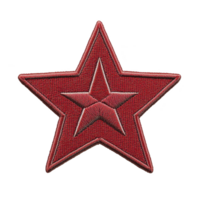 A red embroidered star patch with bold design, featuring five pointed star within another star, symbolizing strength and unity. intricate stitching adds texture and depth png