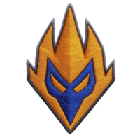 A This features embroidered patch with stylized design of mask in blue and orange, resembling flame or crown shape. patch has bold and dynamic appearance, suitable for clothing or accessories png