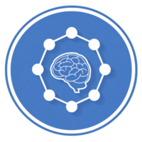 A blue circular icon features brain symbol at its center, surrounded by network of connected dots, representing concepts of intelligence and connectivity png