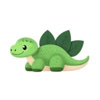 A cute cartoon dinosaur with green body and leaf like spikes on its back, smiling cheerfully. dinosaur has textured appearance, adding to its playful and friendly look png