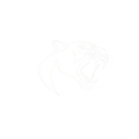 A fierce, stylized panther head logo in black and white, showcasing open mouth and sharp teeth, set against solid transparency background. design conveys strength and power png